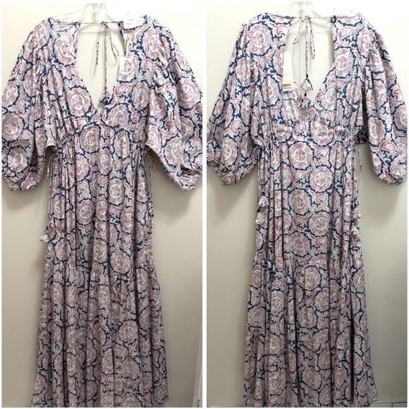 NWT Chufy x Mango Soller Boho Maxi Tiered Dress Puff Sleeve Tassel Blue Red 4 - Picture 5 of 16